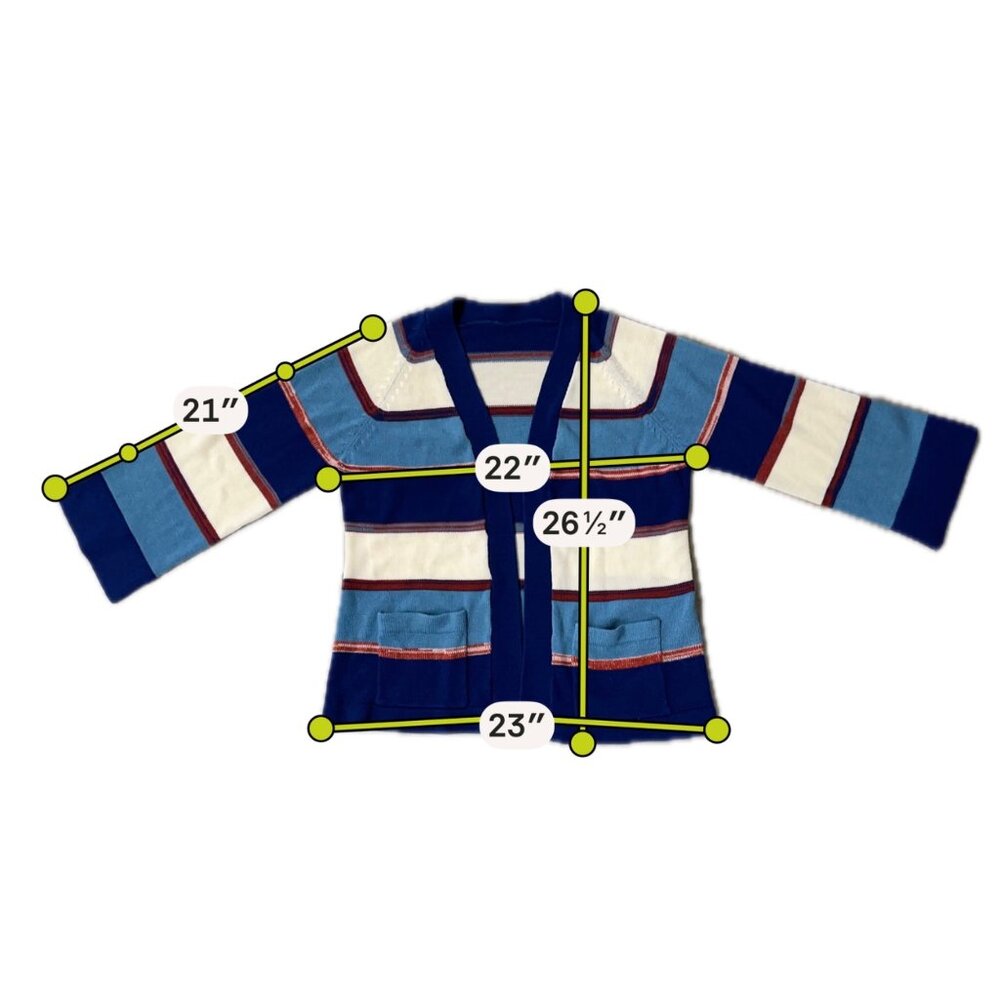 Vintage Cardigan Sweater 1970s Striped Knit Blue White Red Open Front Retro - Picture 6 of 6